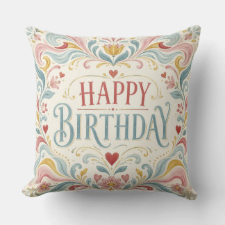 Happy Birthday Scandinavian Folk Art Floral Swirls Throw Pillow