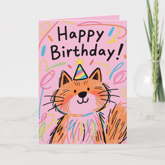  Happy Birthday Scribble Cat Card Pink (Front)