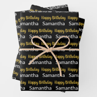 Happy Birthday Script Gold Black and White Name Wrapping Paper Sheet
