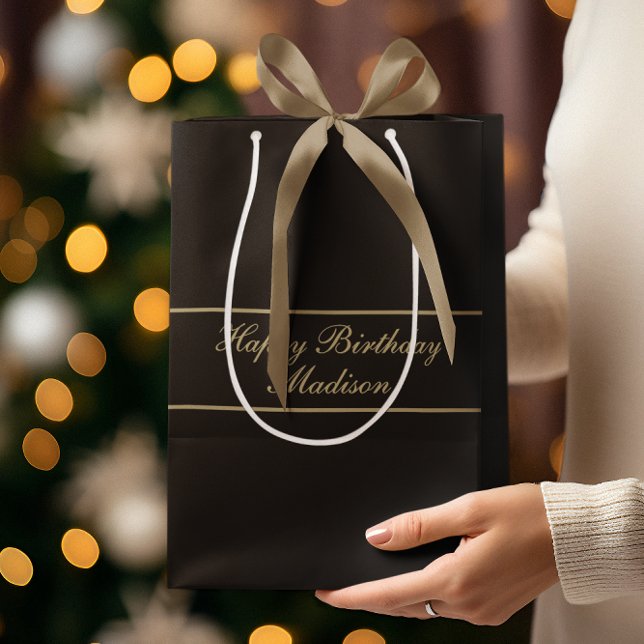 Happy Birthday Script Name Black Gold Medium Gift Bag (Creator Uploaded)