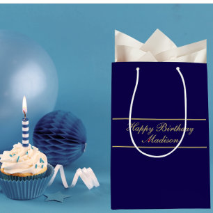 Happy Birthday Script Name Blue Gold Medium Gift Bag