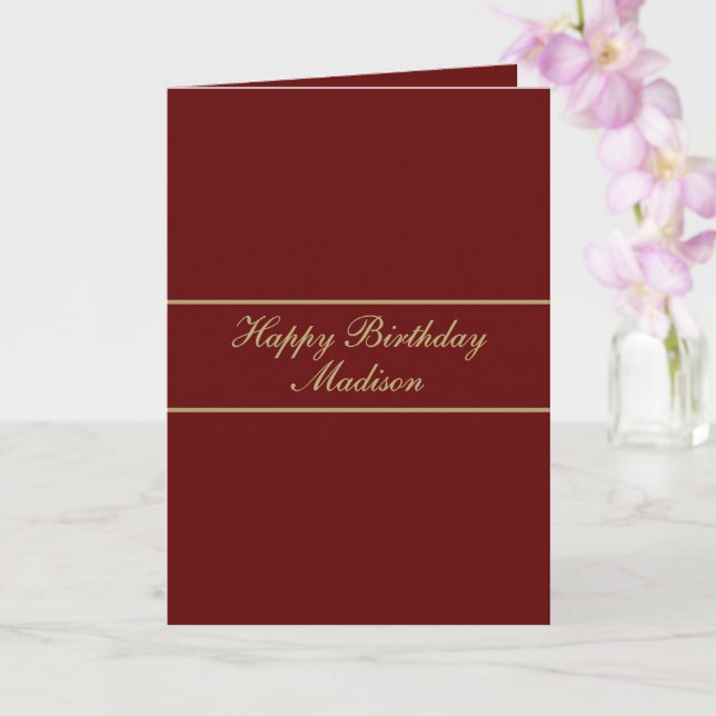 Happy Birthday Script Name Burgundy Gold Card (Orchid)