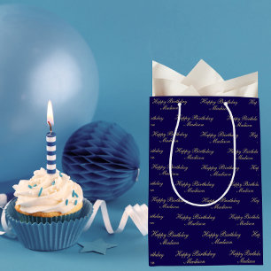 Happy Birthday Script Name Navy Blue Gold Medium Gift Bag
