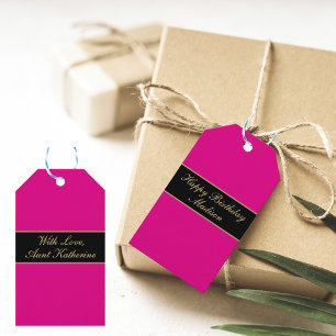 Happy Birthday Script Name Pink Black Gold Gift Tags
