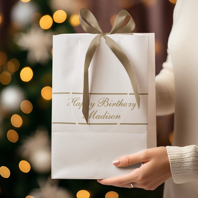 Happy Birthday Script Name White Gold Medium Gift Bag (Creator Uploaded)