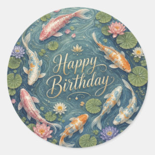 Happy Birthday Serene Koi Pond Water Lily Classic Round Sticker