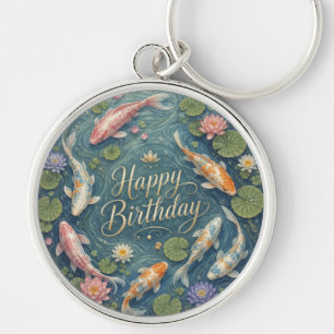 Happy Birthday Serene Koi Pond Water Lily Keychain