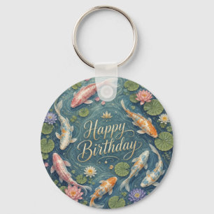 Happy Birthday Serene Koi Pond Water Lily Keychain