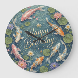Happy Birthday Serene Koi Pond Water Lily Large Clock