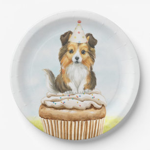 Happy Birthday Sheltie Pup Cake Paper Plate