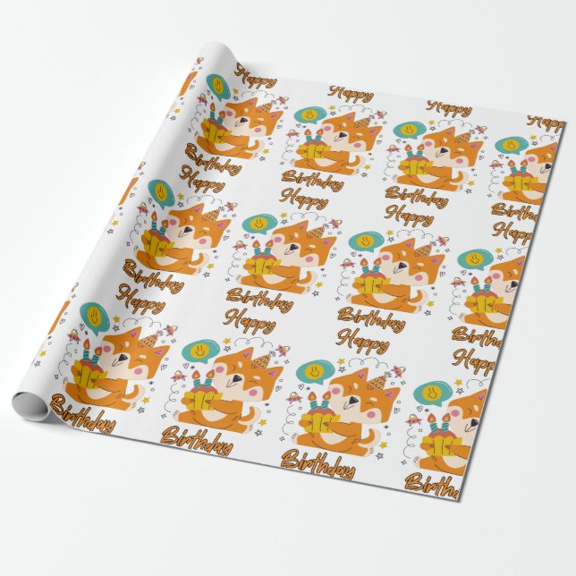 Happy Birthday Shiba Inu Wrapping Paper (Unrolled)