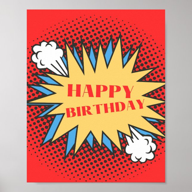 Happy Birthday Sign, Superhero Party Poster, Red Poster (Front)