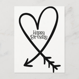 Happy Birthday Simple Heart Arrow Black Text Postcard