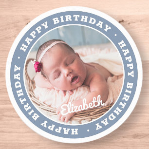Happy Birthday Simple Modern Photo Classic Round Sticker