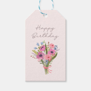 Happy Birthday simple, pink, floral, script Gift Tags