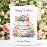 Happy Birthday Sister | Sentimental Personalized Card<br><div class="desc">A sweet birthday card for your sister,  featuring a pretty birthday cake with pink and purple flowers and white frosting.</div>