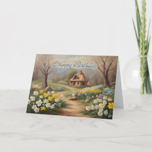 Happy Birthday Small Cabin and Spring Garden Card