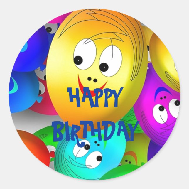 Happy Birthday Smiling Balloon Faces Classic Round Sticker (Front)