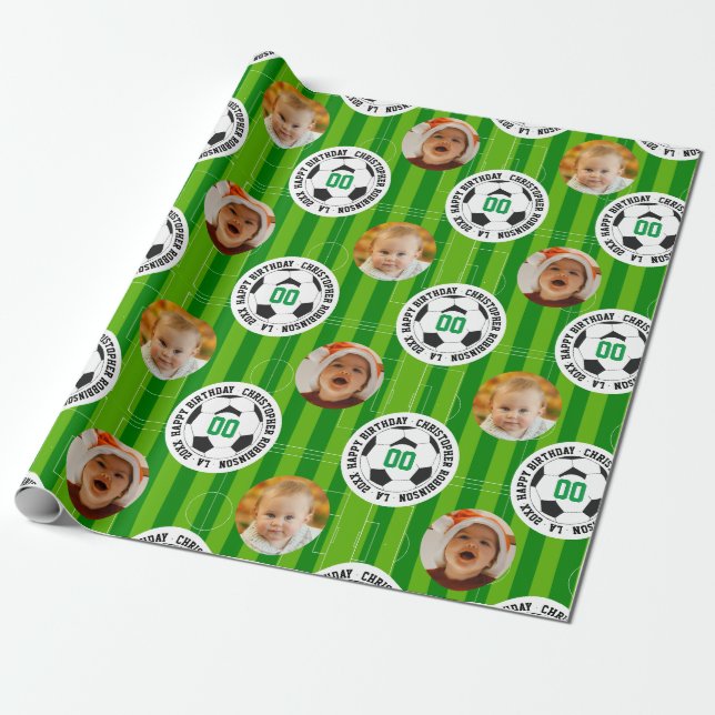 Happy Birthday Soccer Theme Photo Collage Wrapping Paper (Unrolled)