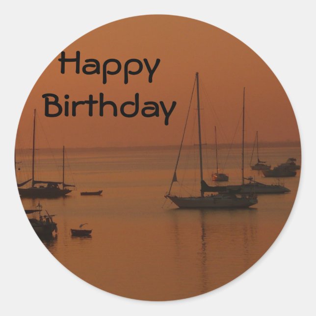Happy Birthday, soft sunrise with sailboats Classic Round Sticker (Front)