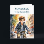Happy Birthday Son | Boy on Bike in City Card<br><div class="desc">Cute personalized birthday card for a son. Boy riding his bike down the city streets.</div>