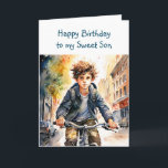 Happy Birthday Son | Boy on Bike in City Card<br><div class="desc">Cute personalized birthday card for a son. Boy riding his bike down the city streets.</div>