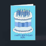 Happy Birthday Son Cartoon Cake and Candles Card<br><div class="desc">A large cartoon birthday cake with lit candles on and the words 'Happy Birthday Son' set against a bright blue background.</div>