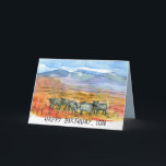 Happy Birthday Son Desert Mountain Cows Card<br><div class="desc">A happy birthday greeting card for a son decorated with a group of Black Angus cows grazing in the Nevada desert with mountains in the distance sketched with ink and watercolor with a grey-blue colour on the inside. You can customize the card for a different family member or friend and...</div>