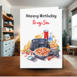 Happy Birthday Son | Gaming and Pizza Vibes Card<br><div class="desc">A cute watercolor gaming and snacking themed birthday card for a son. An ai illustration of a video game controllers, a soda, chips and pizza, and all the things teen boys like, on the front of the card. Have an awesome day on the inside. All text on the card can...</div>