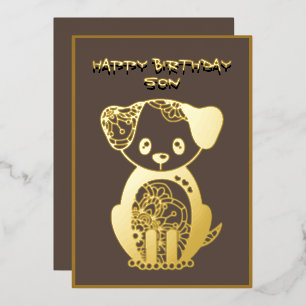 Happy Birthday Son Gold Foil Puppy Dog  Holiday Card