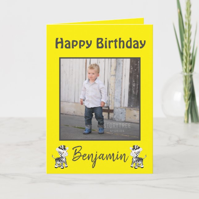 Happy Birthday Son Zebra Safari Yellow Holiday Card (Front)