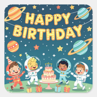 Happy birthday space theme square sticker