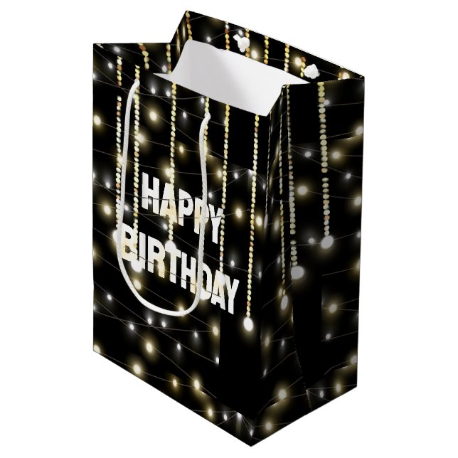 Happy Birthday Sparkling Lights On Black Medium Gift Bag (Front Angled)