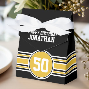 Happy Birthday Sports Stripes with Age Gold Black Favor Box