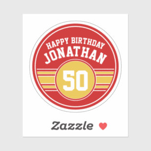 Happy Birthday Sports Stripes with Age Gold Red