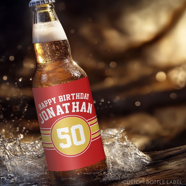 Happy Birthday Sports Stripes with Age Gold Red Beer Bottle Label (Custom Beer Bottle Label)