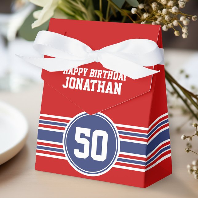 Happy Birthday Sports Stripes with Age - Red Blue Favor Box (Personalized gift box for birthday party favors)