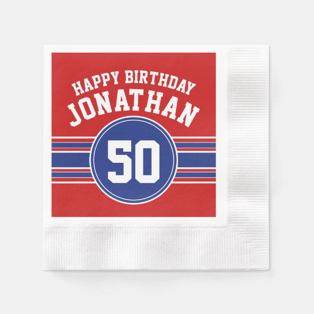 Happy Birthday Sports Stripes with Age - Red Blue Napkin (Front)