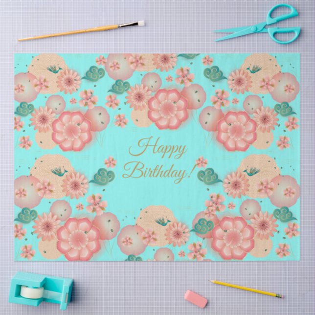 Happy Birthday - Spring Peach Flowers Garden Boho Tissue Paper (Craft)