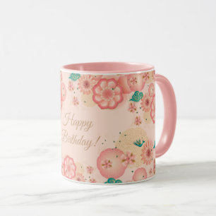 Happy Birthday Spring Peach Flowers Garden Pattern Mug