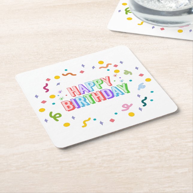 Happy Birthday Square Paper Coaster (Angled)