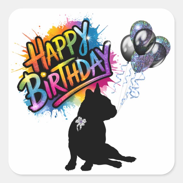 Happy Birthday square sticker with frenchie (Front)