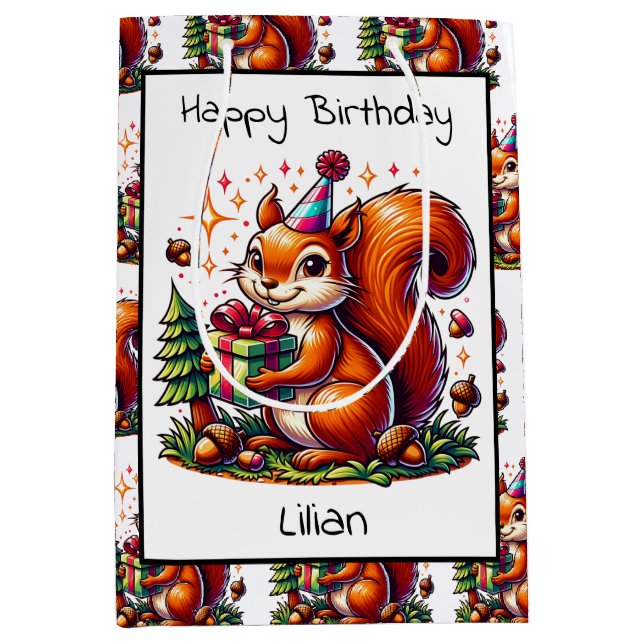Happy Birthday Squirrel Cute Cartoon Medium Gift Bag (Front)