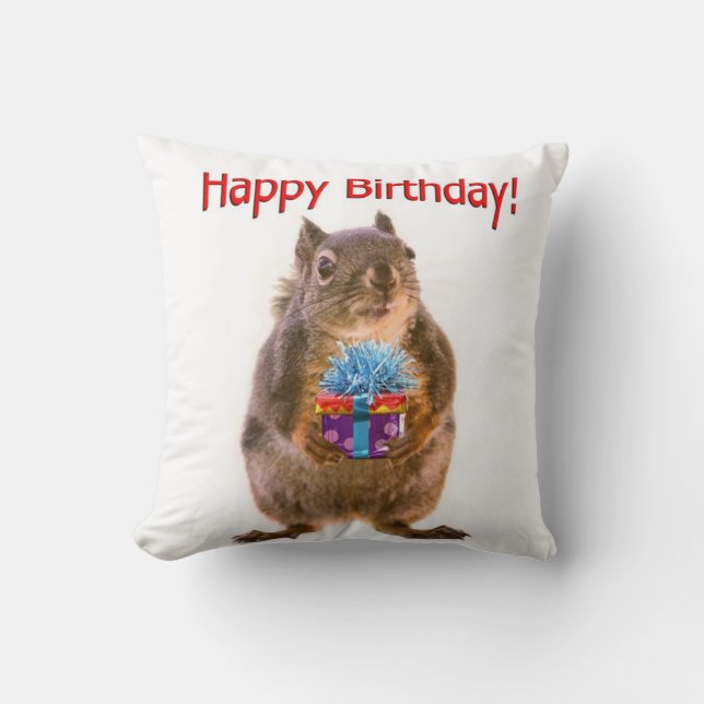 Happy Birthday Squirrel with Present Throw Pillow (Front)