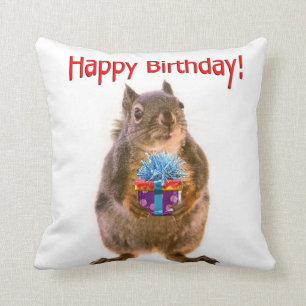 Happy Birthday Squirrel with Present Throw Pillow