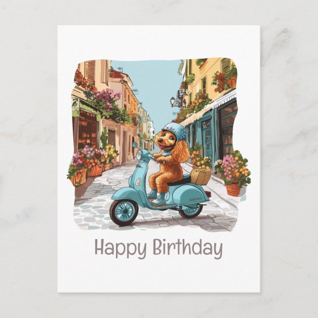Happy Birthday Standard Poodle Dog Riding Scooter Postcard (Front)