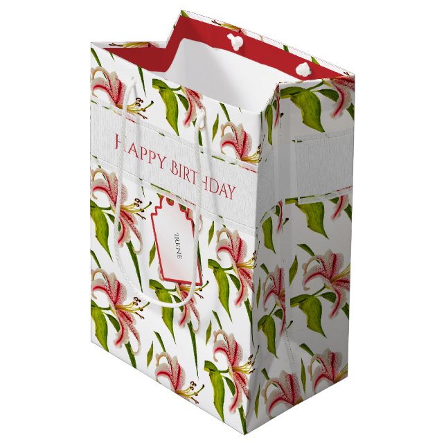 Happy Birthday Stargazer Lily Photo Pattern Medium Gift Bag (Front Angled)