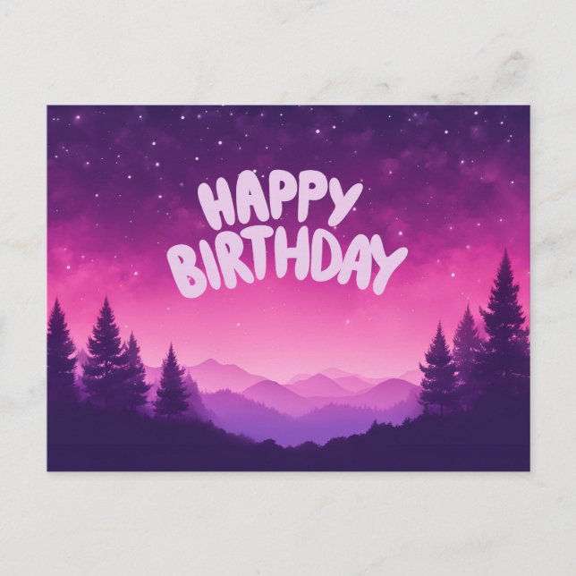 Happy Birthday Starry Night, Mountains, Forest Postcard (Front)