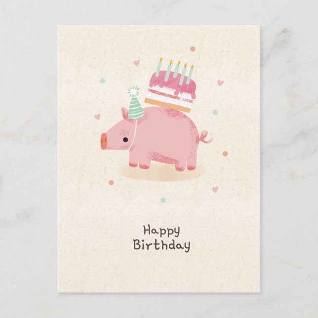 Happy birthday stealing piglet postcard (Front)