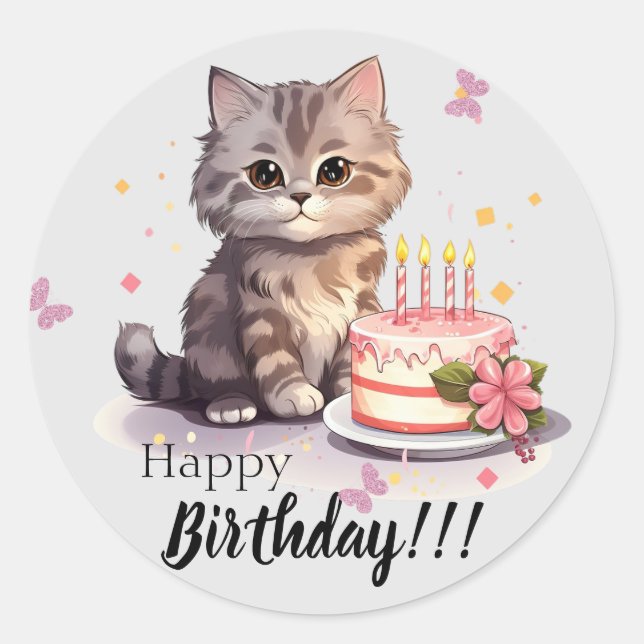 Happy birthday Sticker with cute kitten and cake  (Front)